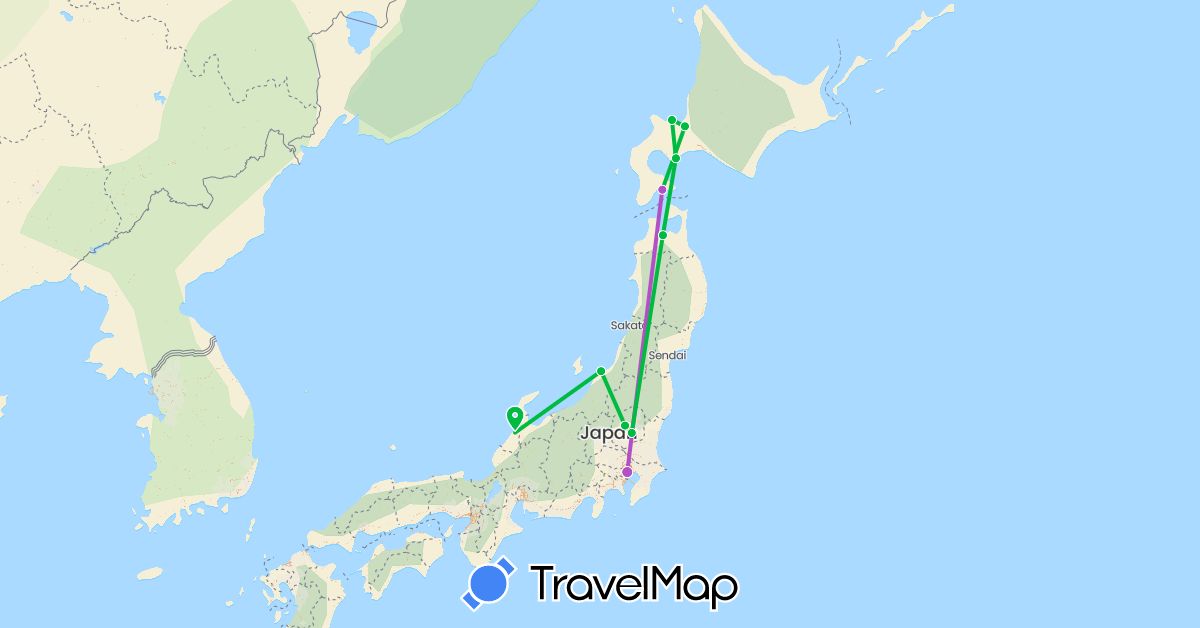 TravelMap itinerary: driving, bus, train in Japan (Asia)